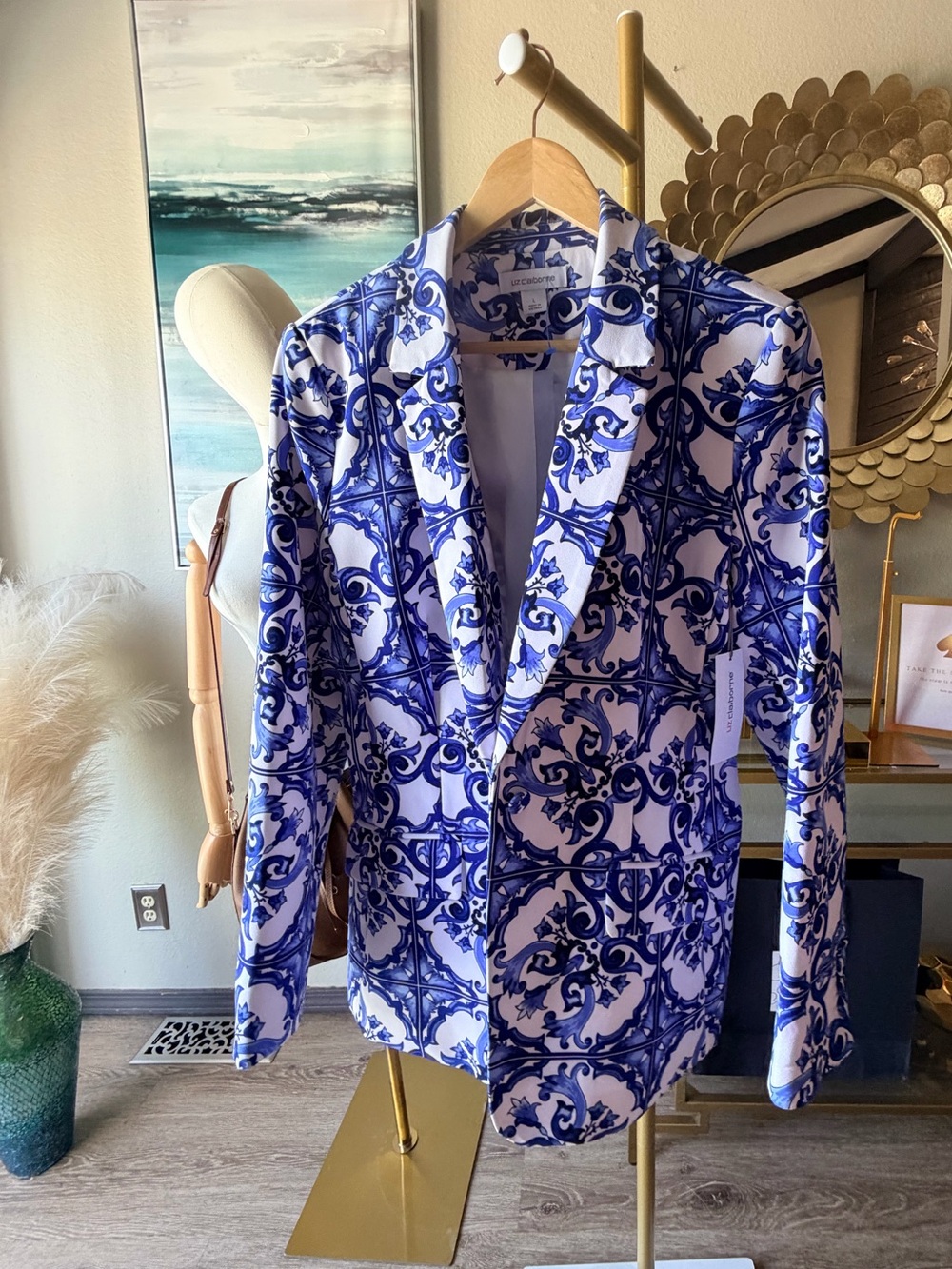 Liz Claiborne Blue and White Scroll-Print Blazer